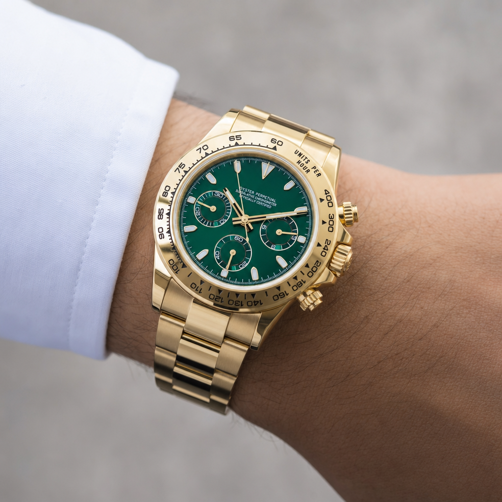 Montre Seiko mod SEIKONA or verte portée au poignet — Time2Seiko