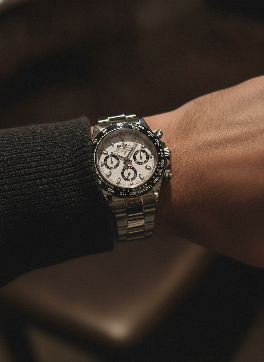 Montre Seiko Mod SEIKONA Panda portée au poignet