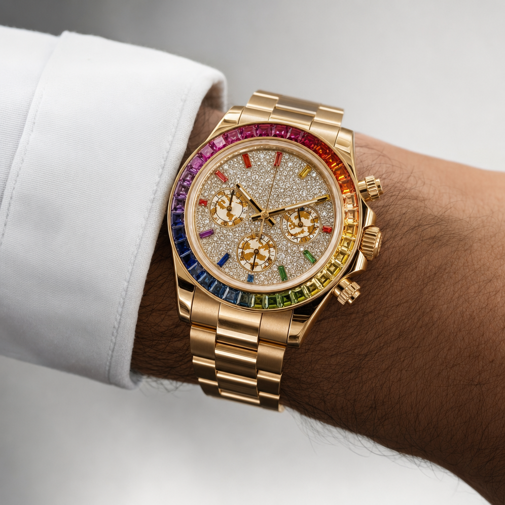 Montre Seiko mod SEIKONA rainbow diamants or rose portée au poignet — Time2Seiko