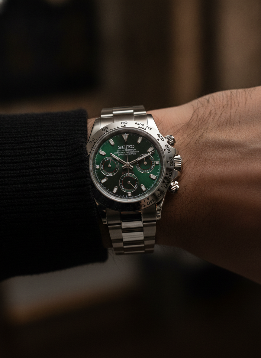 Montre Seiko Mod SEIKONA verte portée au poignet