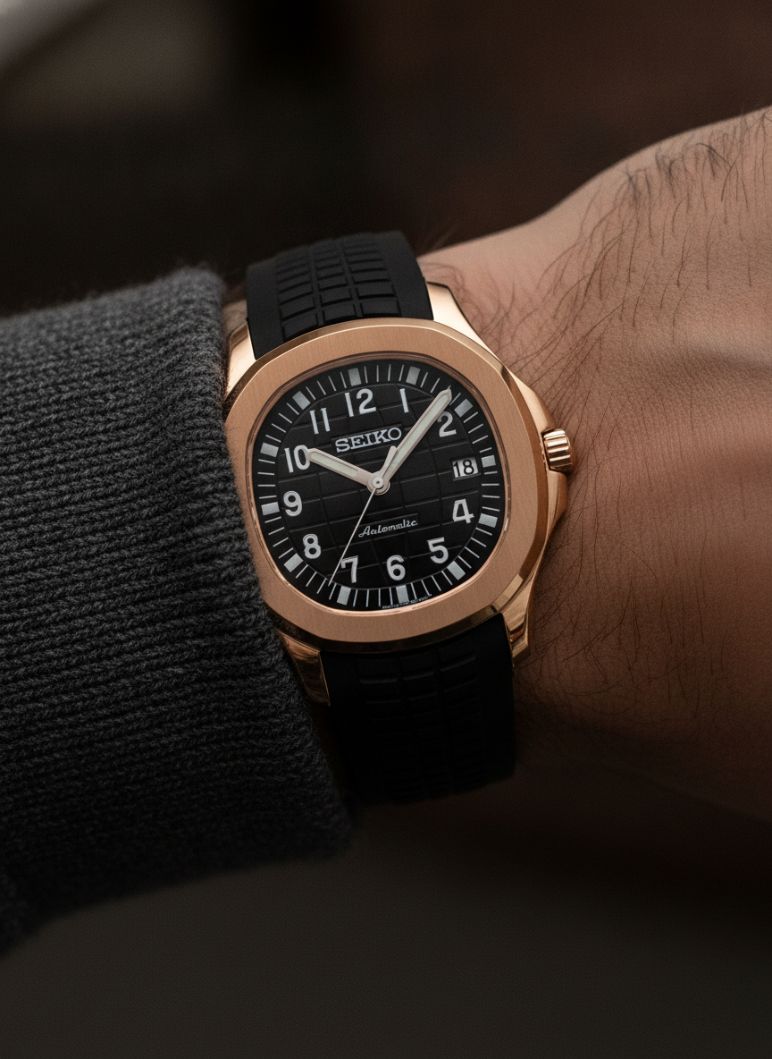 Montre Seiko Mod SEIKONAUT or rose portée au poignet