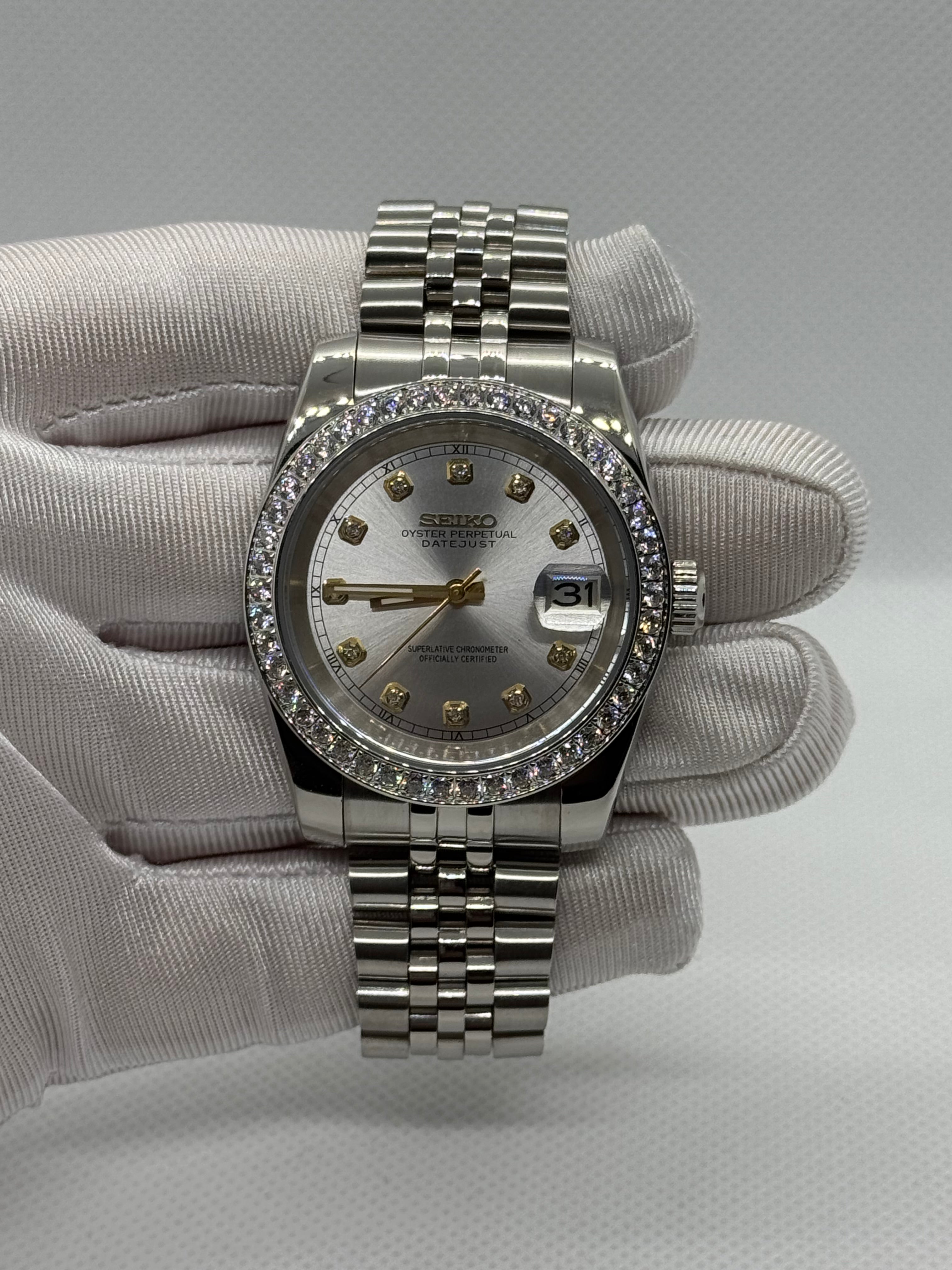 Seiko mod datejust silver diamond