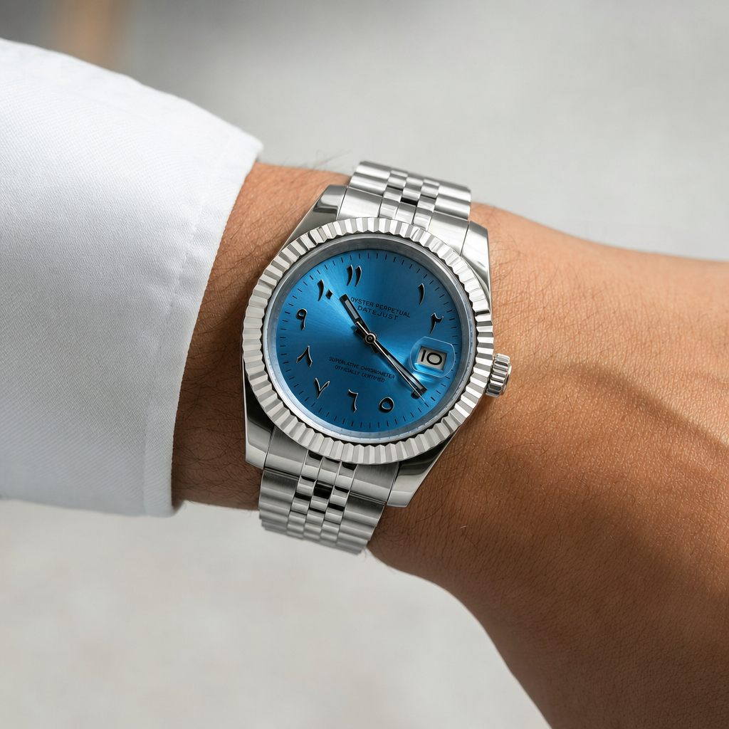 Montre Seiko mod SEIKOJUST Arabic bleue portée au poignet — Time2Seiko