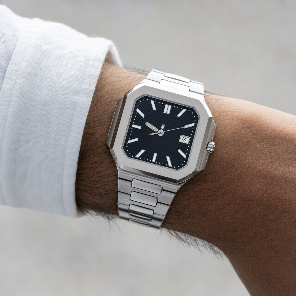Montre Seiko mod SEIKOCUB noire portée au poignet — Time2Seiko