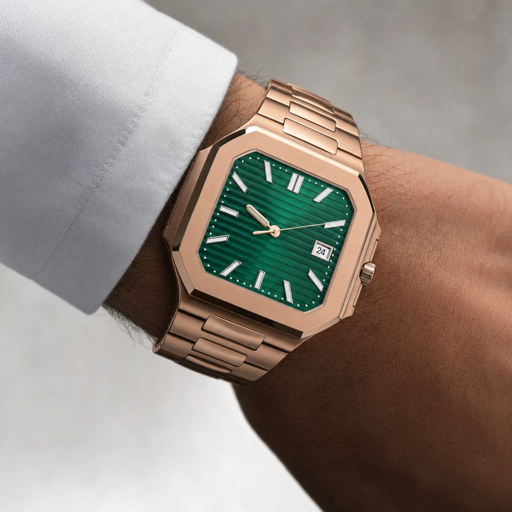 Montre Seiko mod SEIKOCUB or rose verte portée au poignet — Time2Seiko