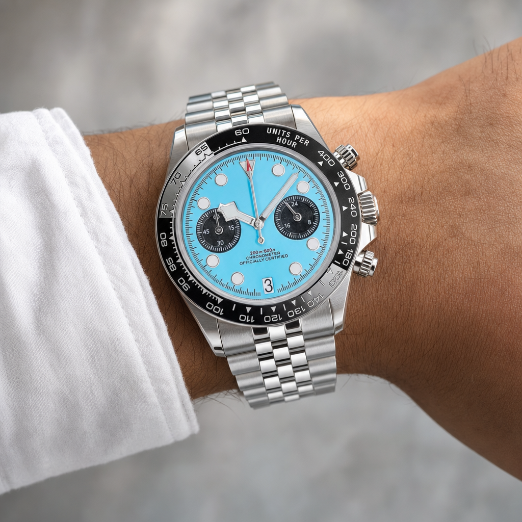 Montre Seiko mod SEIKODOR chrono bleue portée au poignet — Time2Seiko