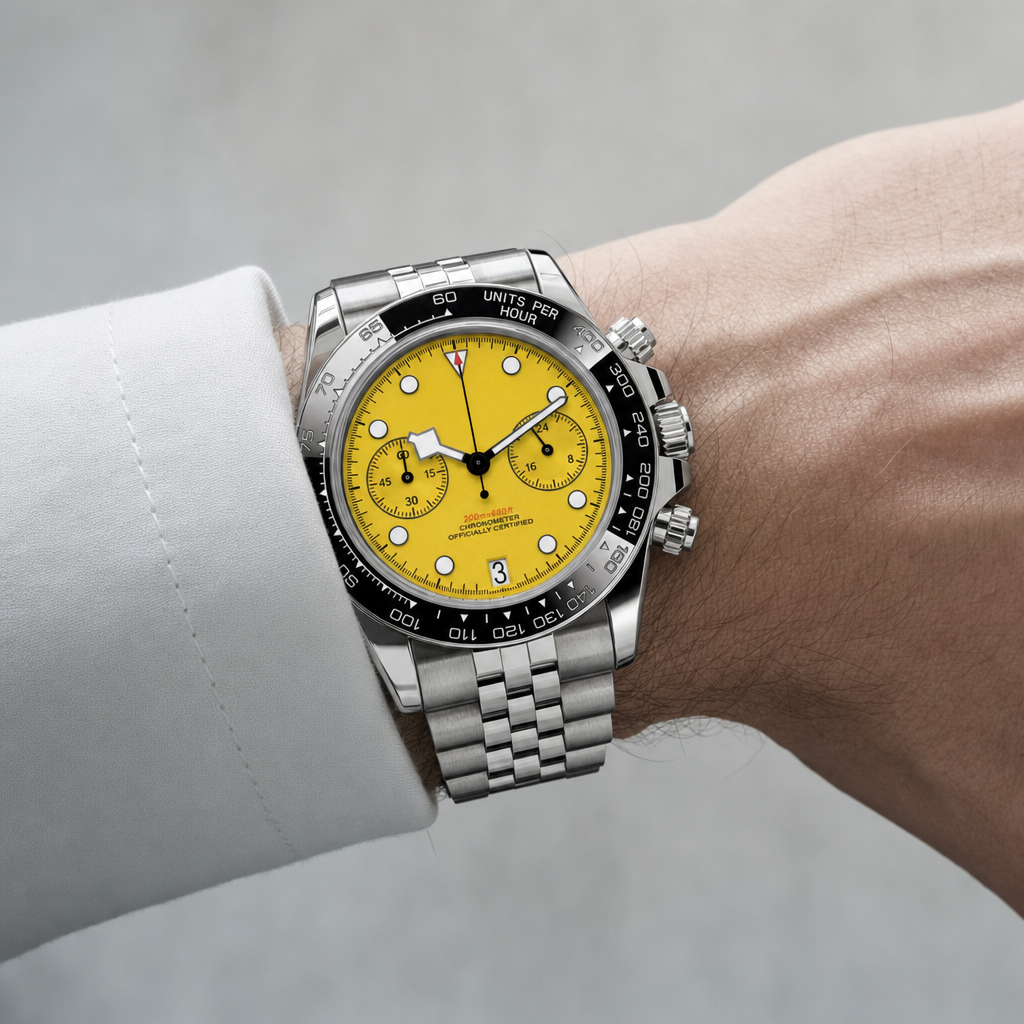 Montre Seiko mod SEIKODOR chrono jaune portée au poignet — Time2Seiko