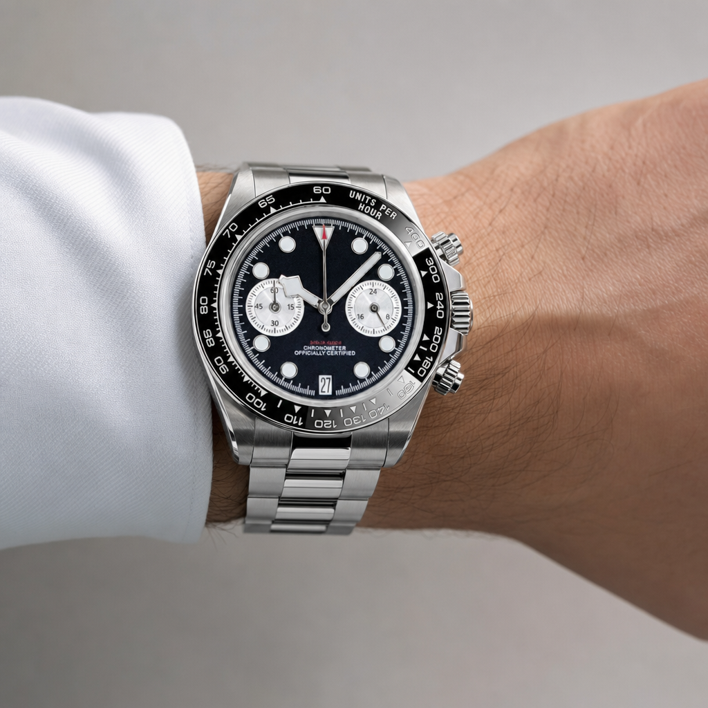Montre Seiko mod SEIKODOR chrono noire portée au poignet — Time2Seiko