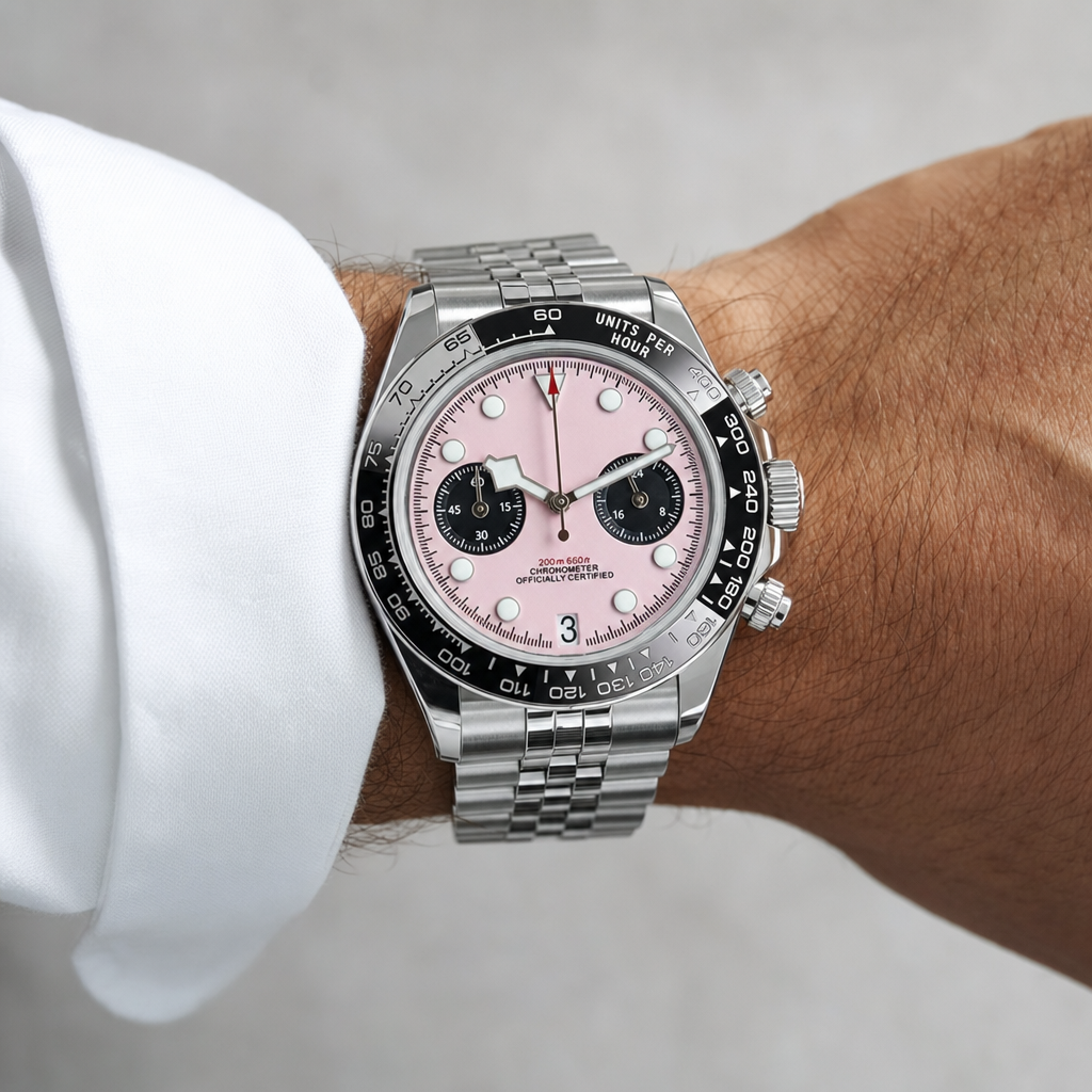 Montre Seiko mod SEIKODOR chrono rose portée au poignet — Time2Seiko