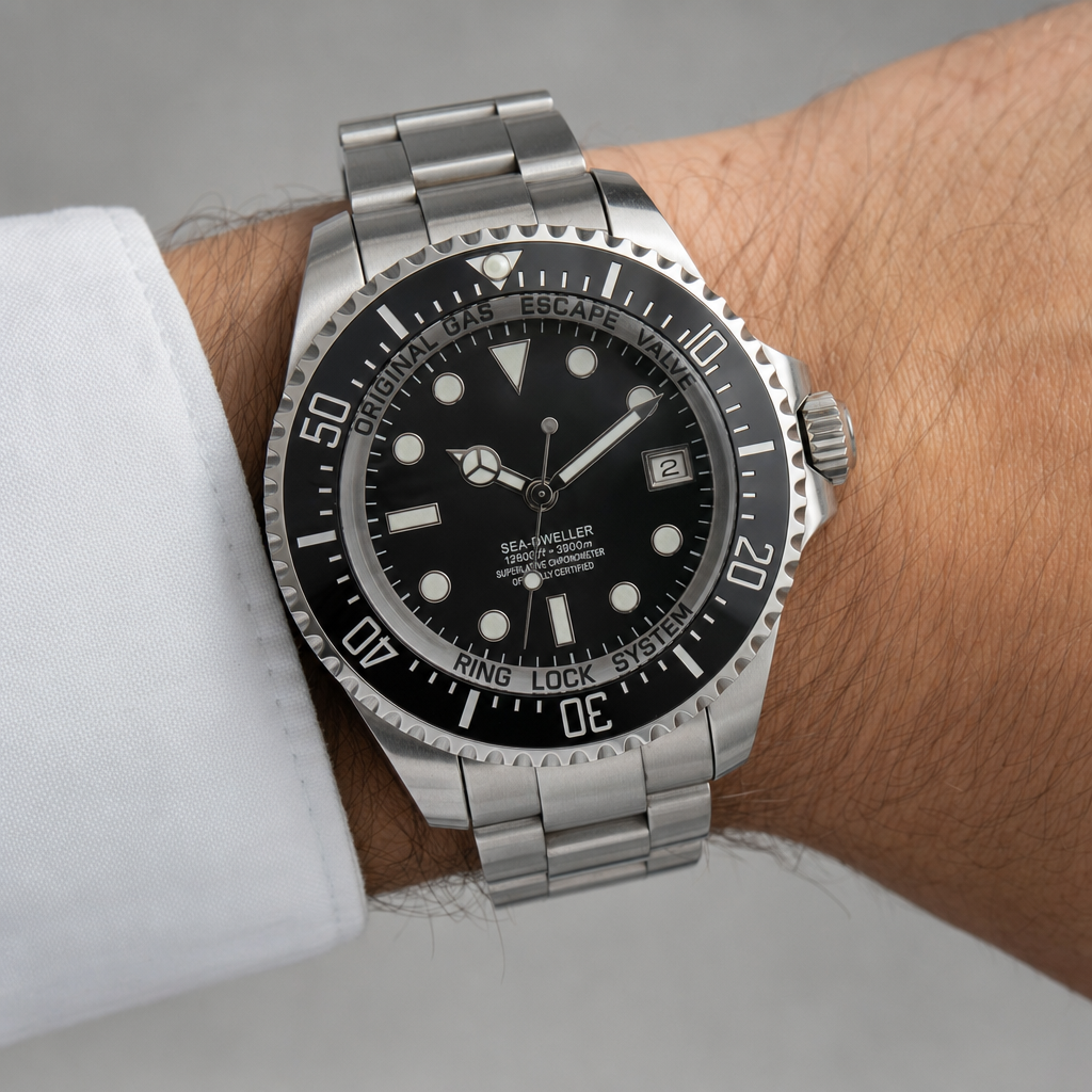 Montre mod Ghost King noire portée au poignet, boîtier et bracelet full black