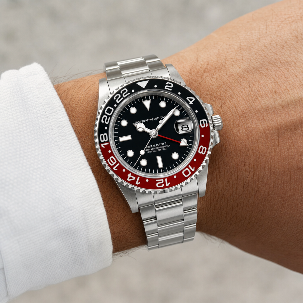 Montre Seiko mod SEIKO GMT coke portée au poignet — Time2Seiko