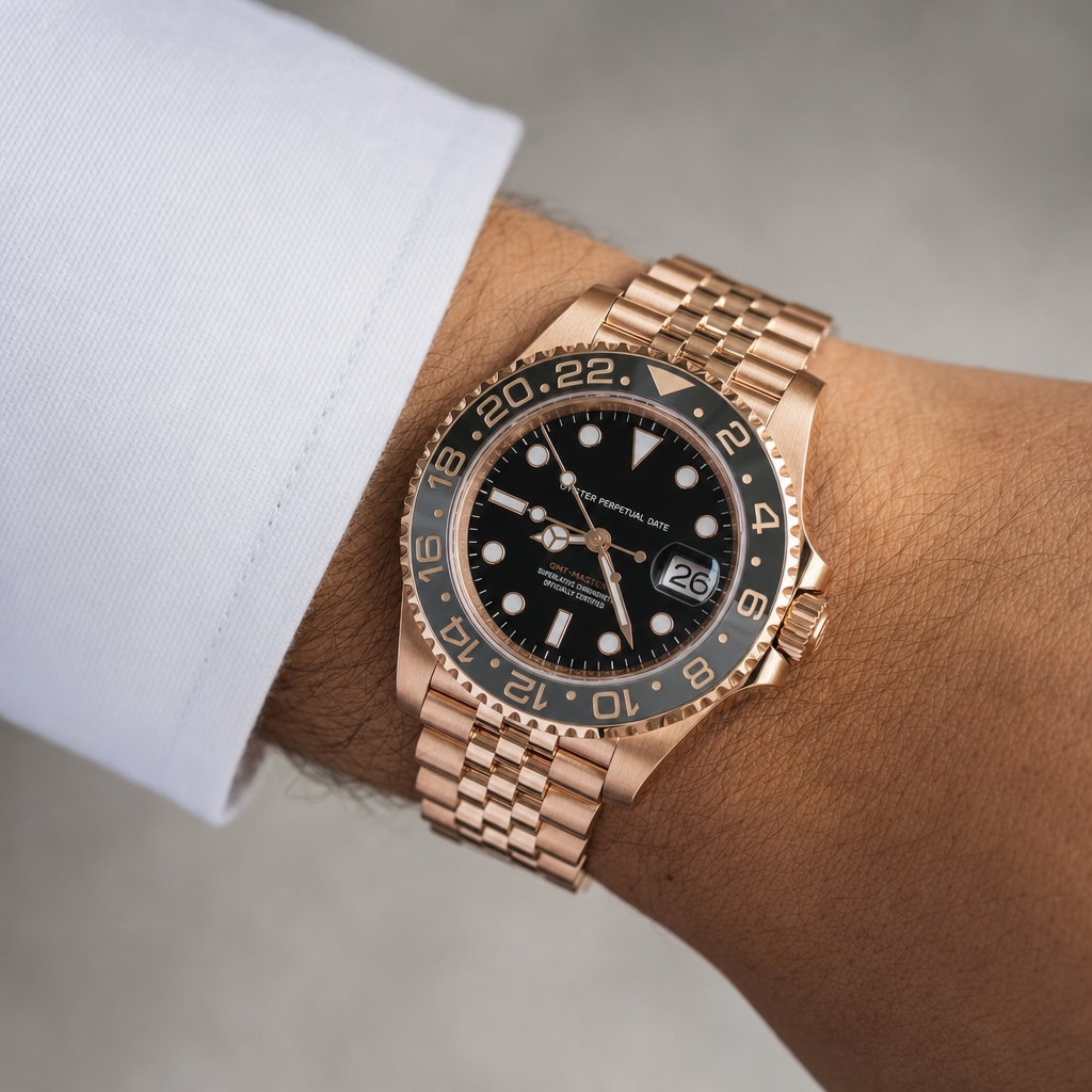Montre Seiko mod SEIKO GMT or rose portée au poignet — Time2Seiko