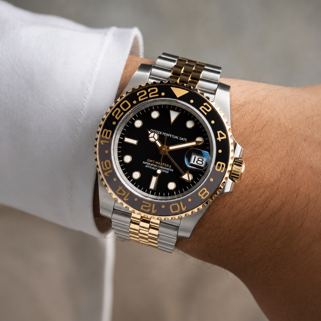 Montre Seiko mod SEIKO GMT two-tone noire portée au poignet — Time2Seiko