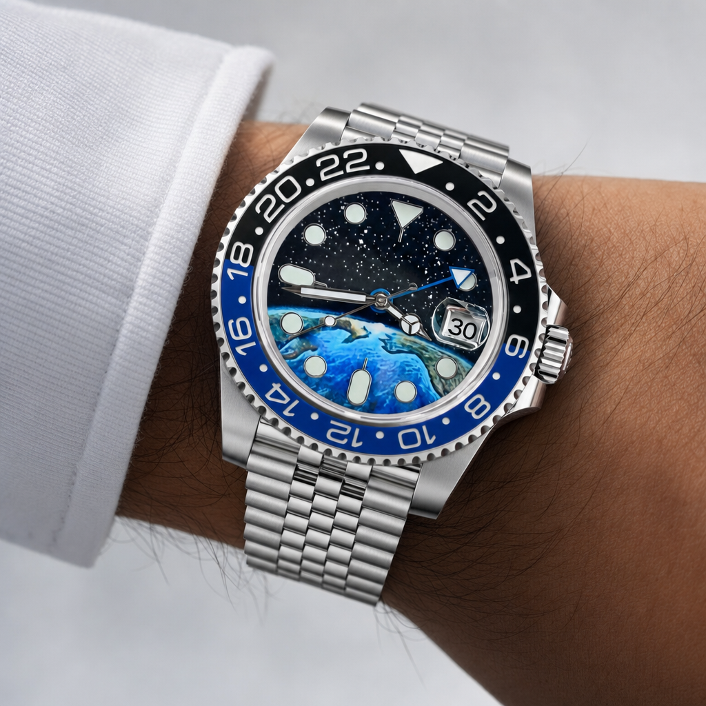 Montre Seiko mod SEIKO GMT violet noire edition speciale portée au poignet — Time2Seiko
