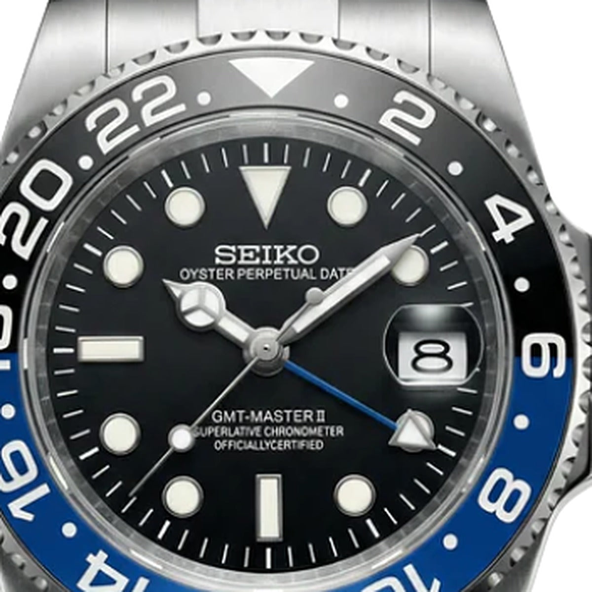 SEIKO GMT batman — macro cadran et lunette GMT bleu/noir — Time2Seiko