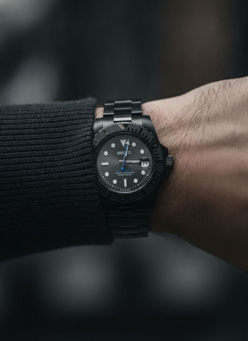 Montre Seiko Mod SEIKO GMT black edition portée au poignet