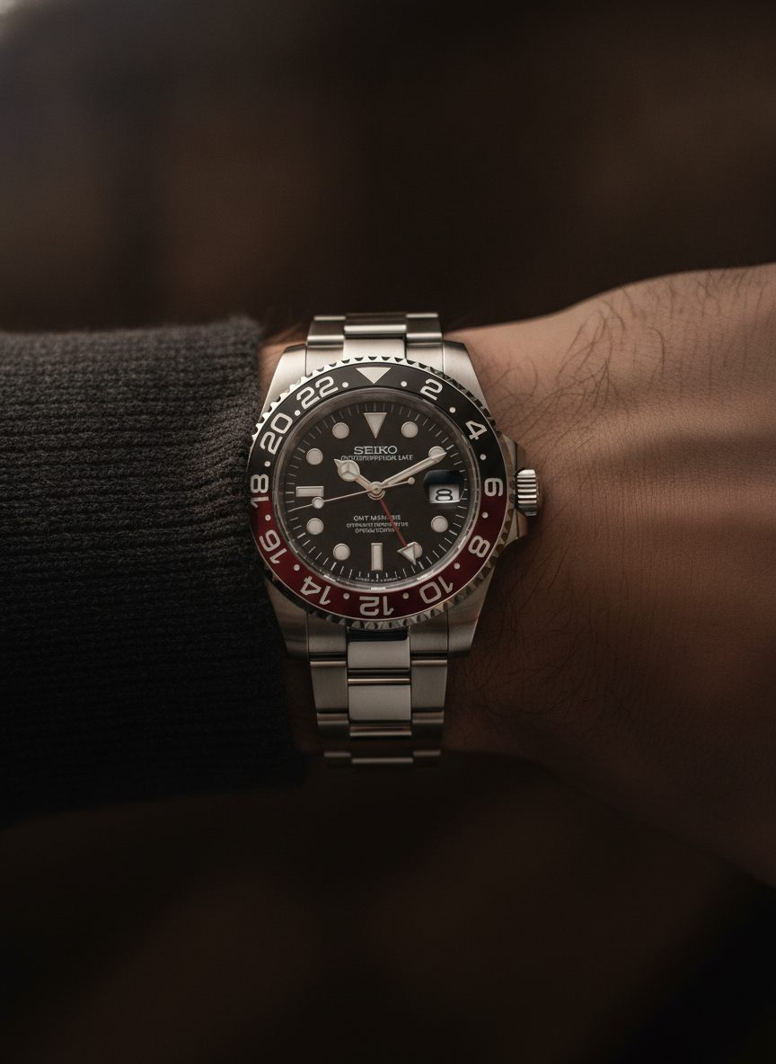 Montre Seiko Mod SEIKO GMT coke portée au poignet