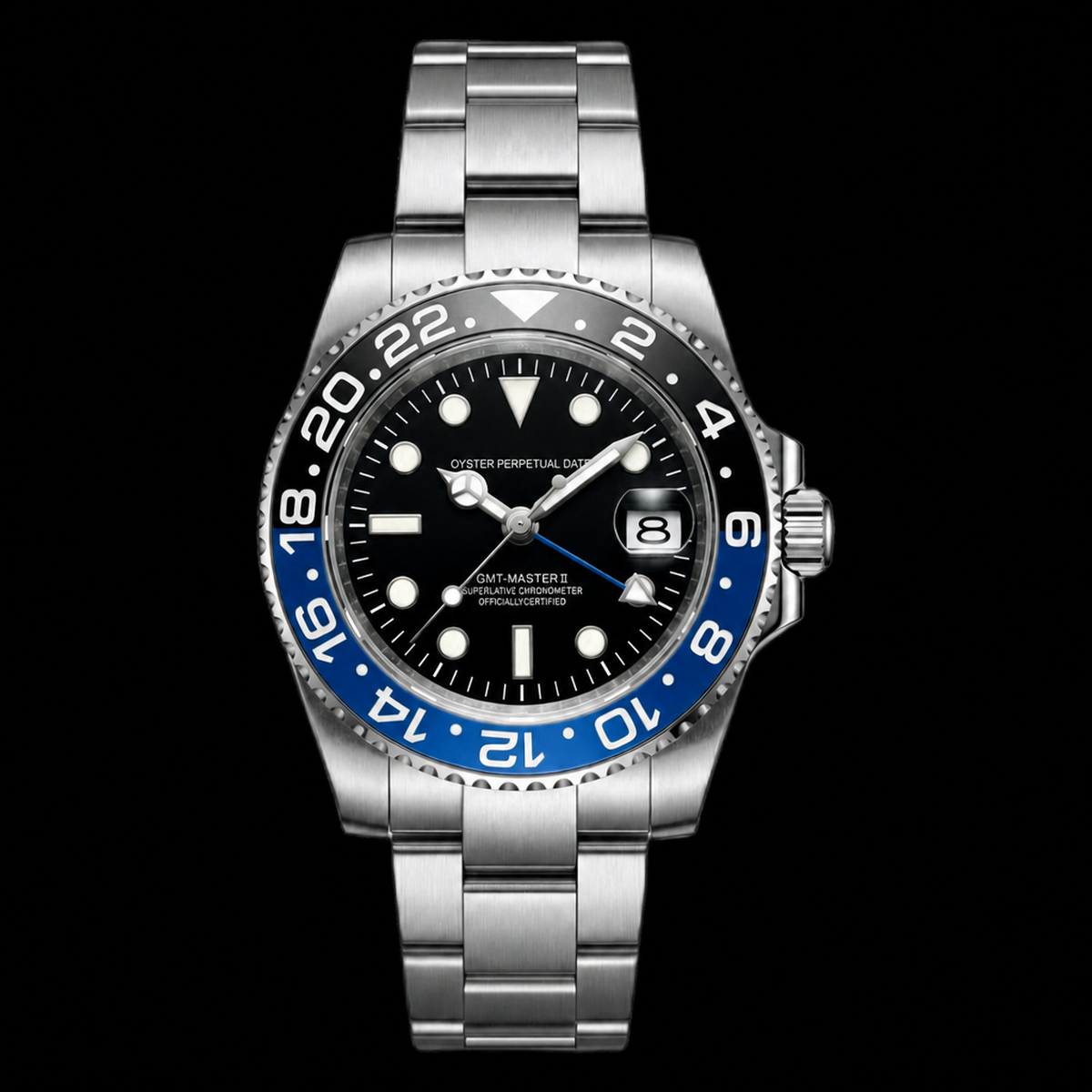 Montre Seiko mod SEIKO GMT batman, sur fond blanc — Time2Seiko