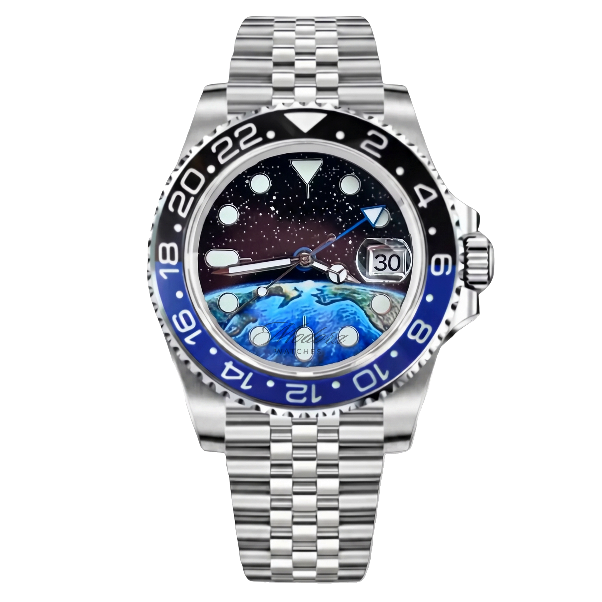 Montre Seiko mod SEIKO GMT violet noire edition speciale, sur fond blanc — Time2Seiko