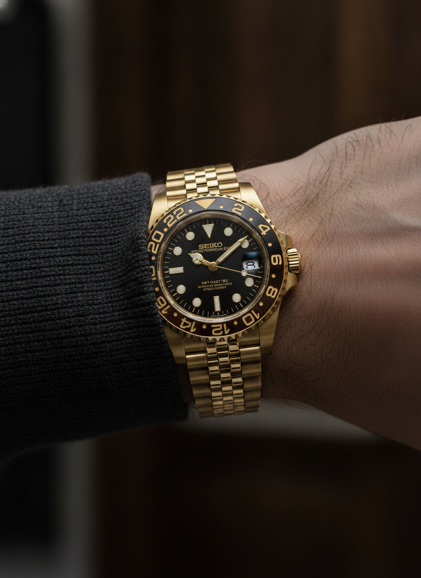 Montre Seiko Mod SEIKO GMT or zombie portée au poignet