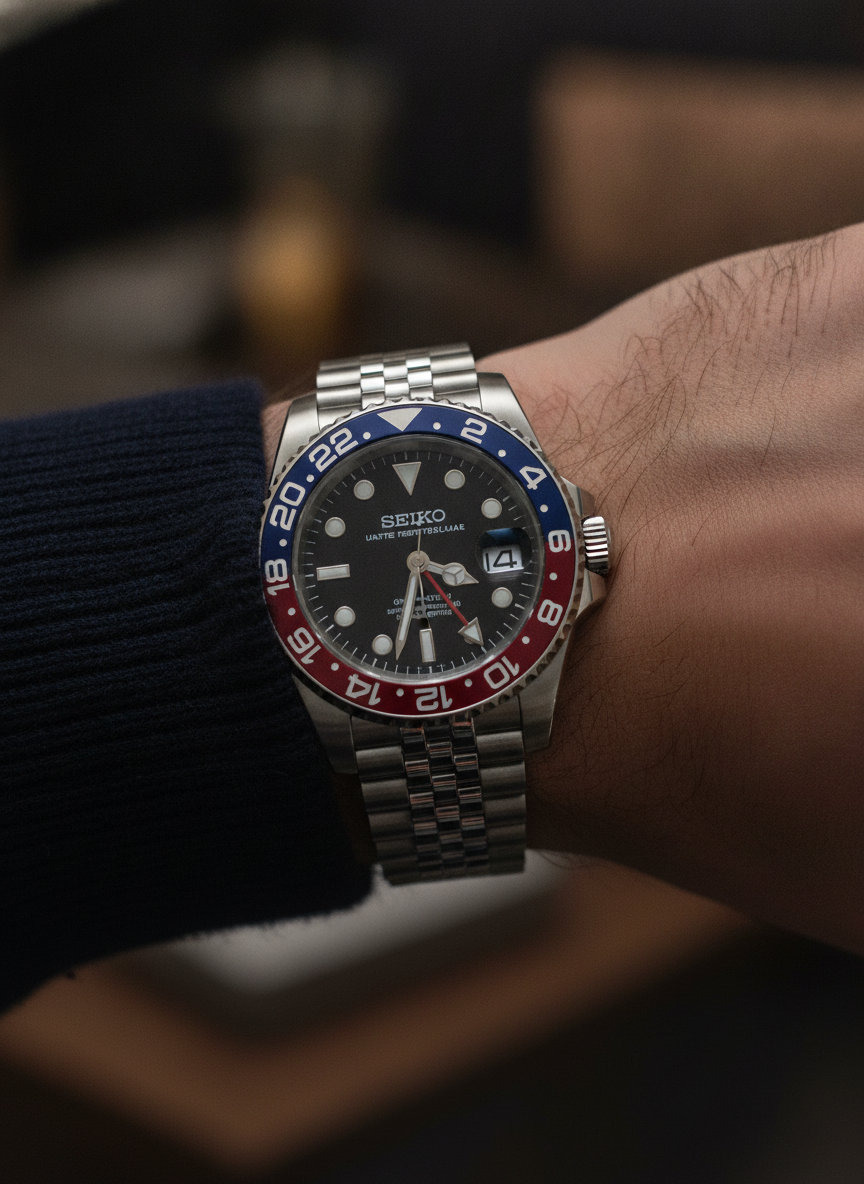 Montre Seiko Mod SEIKO GMT pepsi portée au poignet