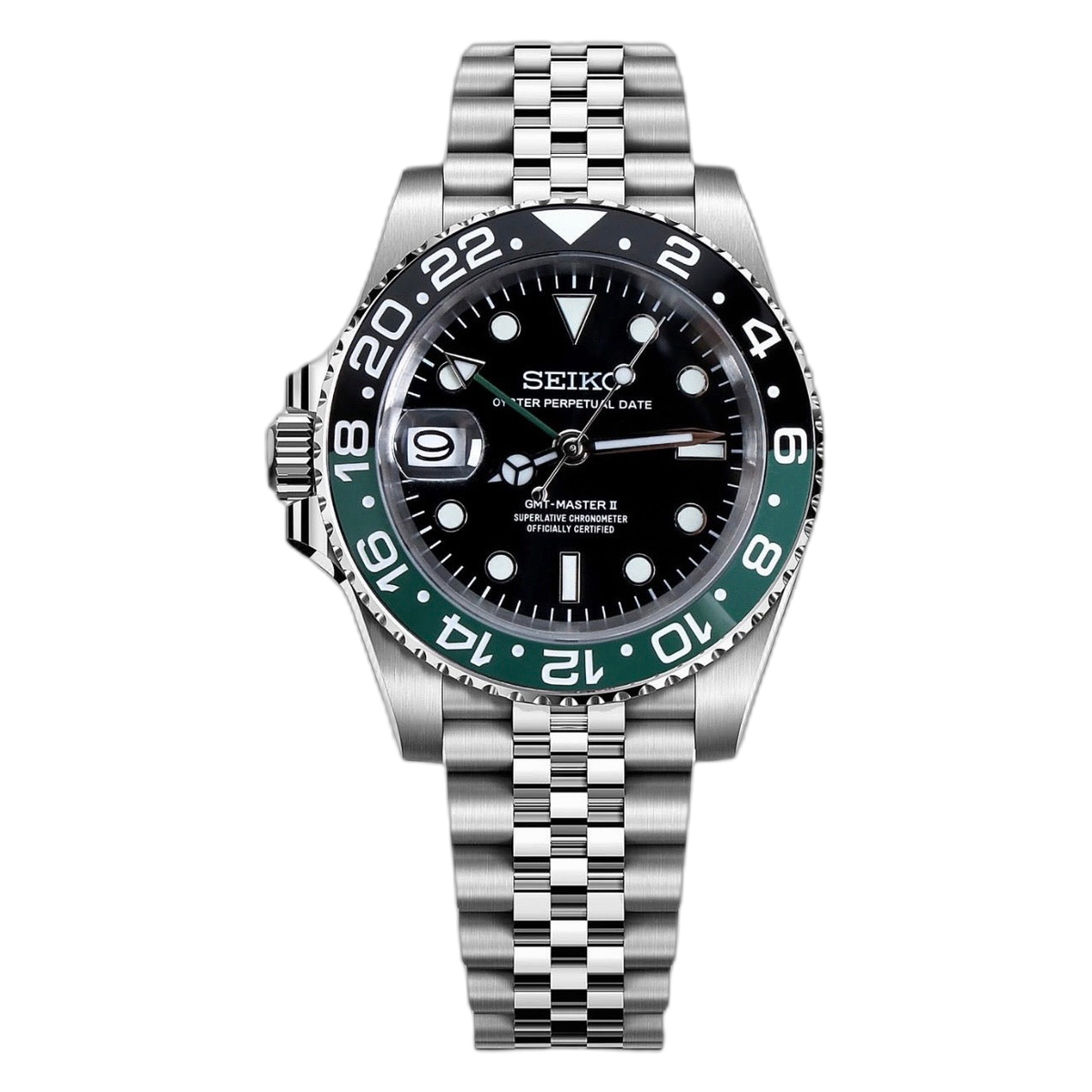 SEIKO GMT sprite — cut-out packshot, GMT black/green bezel, steel — Seiko mod Time2Seiko
