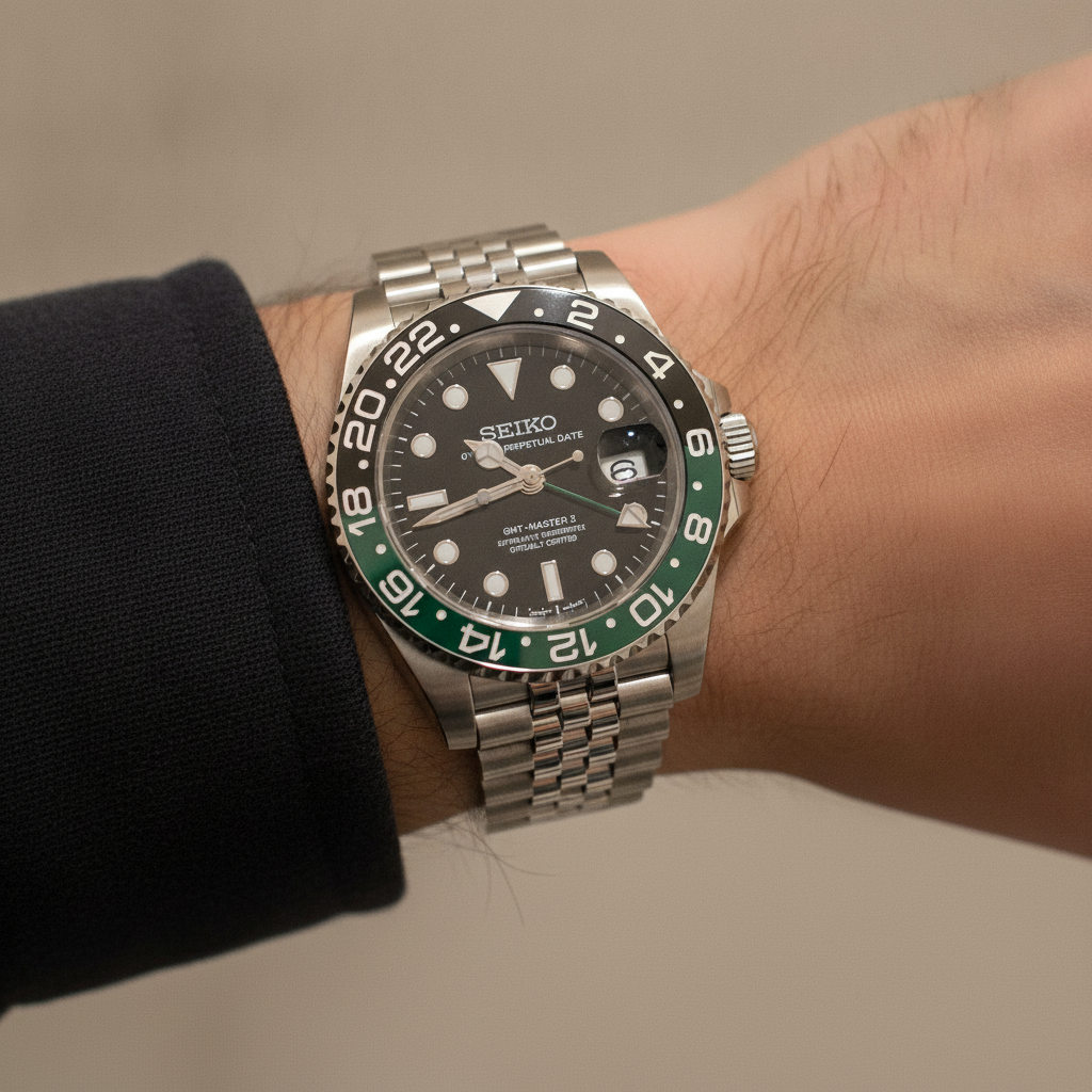 SEIKO GMT sprite — watch worn on the wrist, steel Jubilee bracelet — Time2Seiko