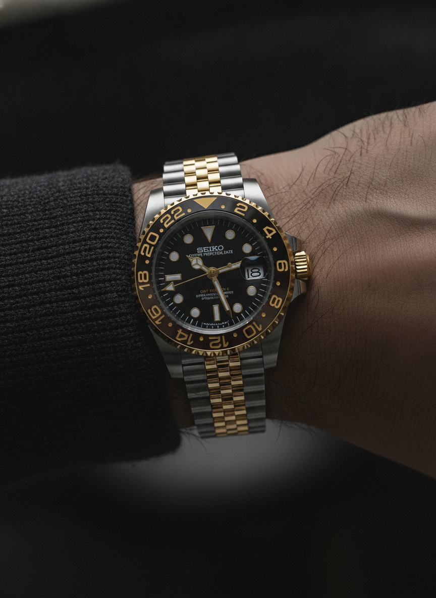 Montre Seiko Mod SEIKO GMT two-tone noire portée au poignet