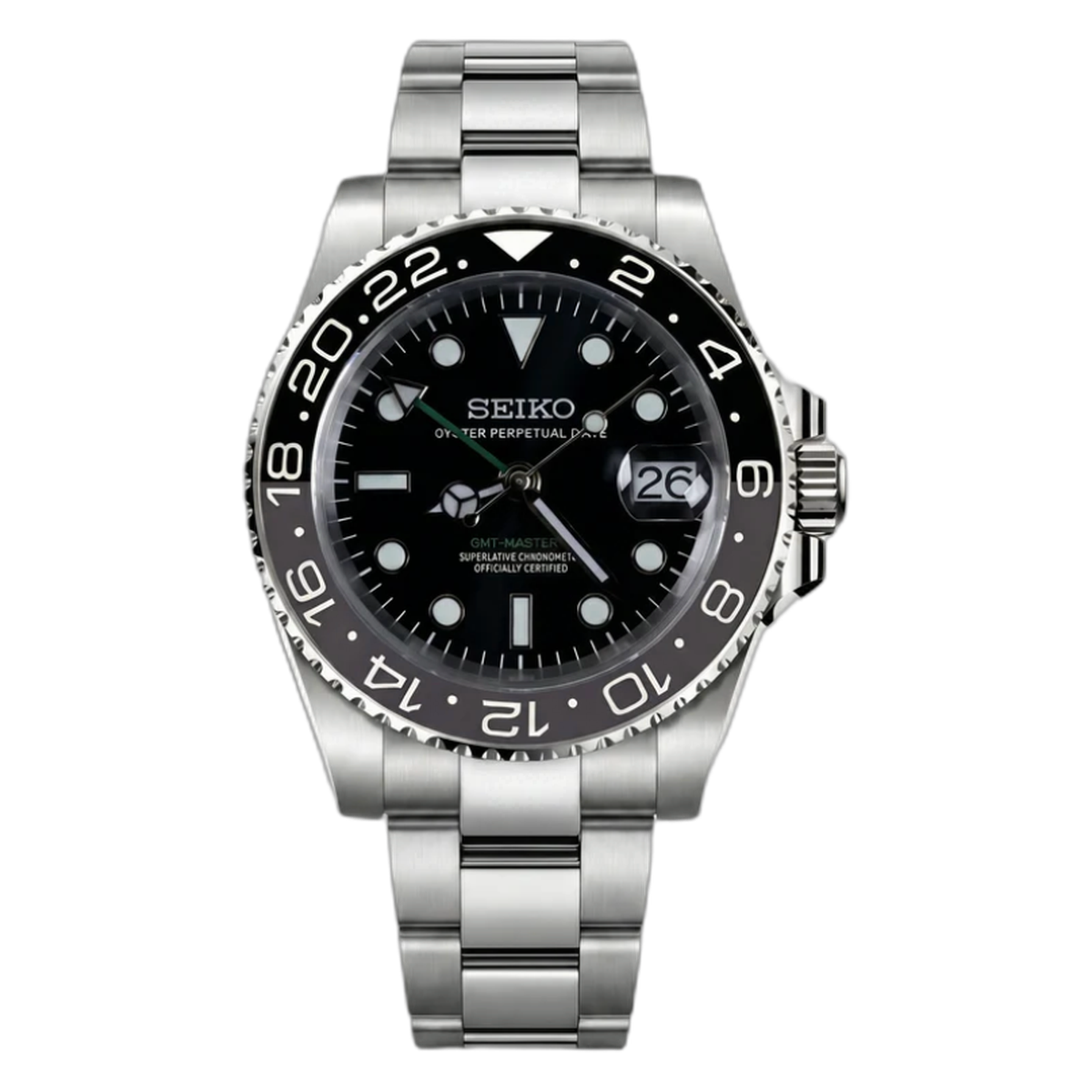 SEIKO GMT wayne — cut-out packshot, GMT all-black bezel, steel — Seiko mod Time2Seiko
