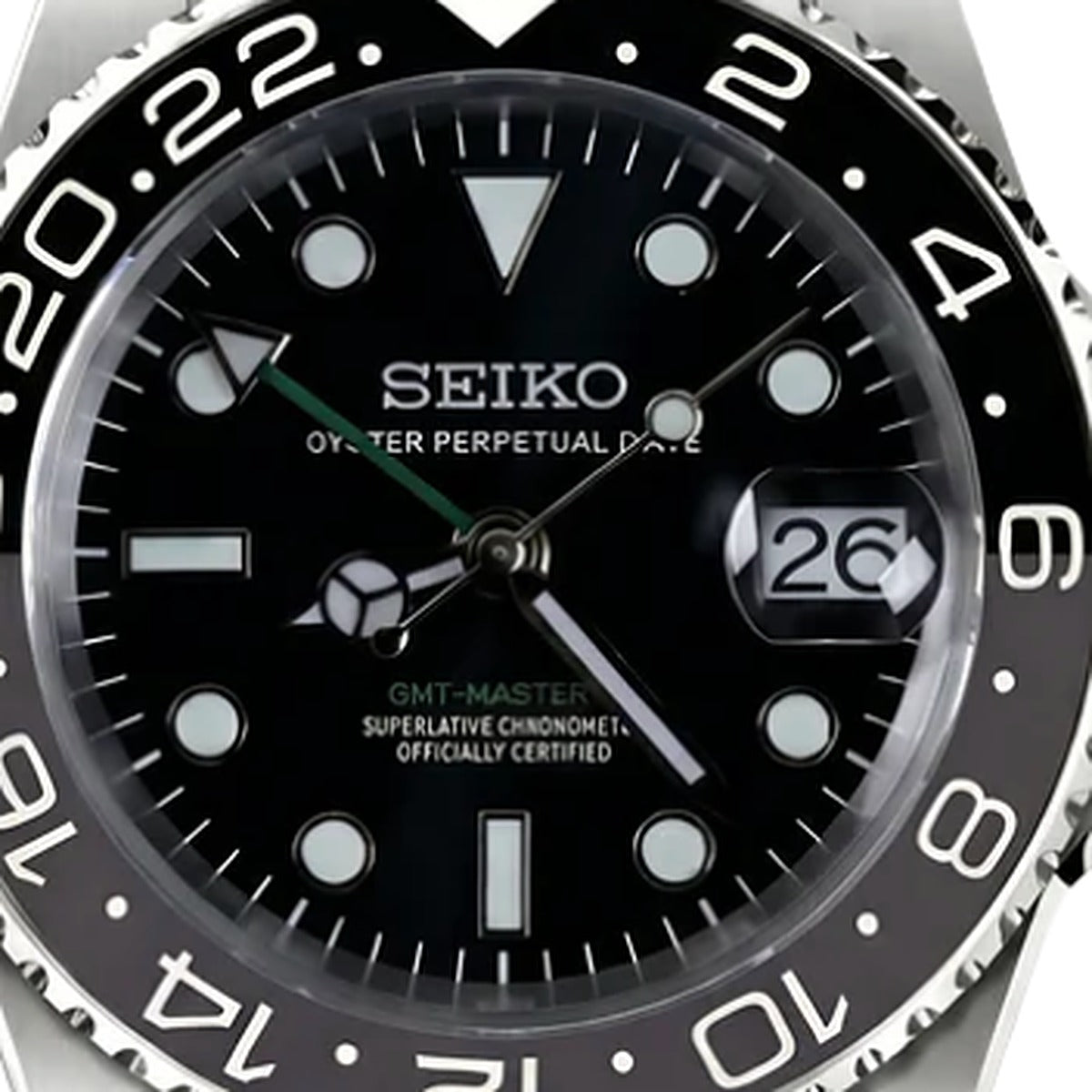 SEIKO GMT wayne — dial and GMT bezel close-up, black — Time2Seiko