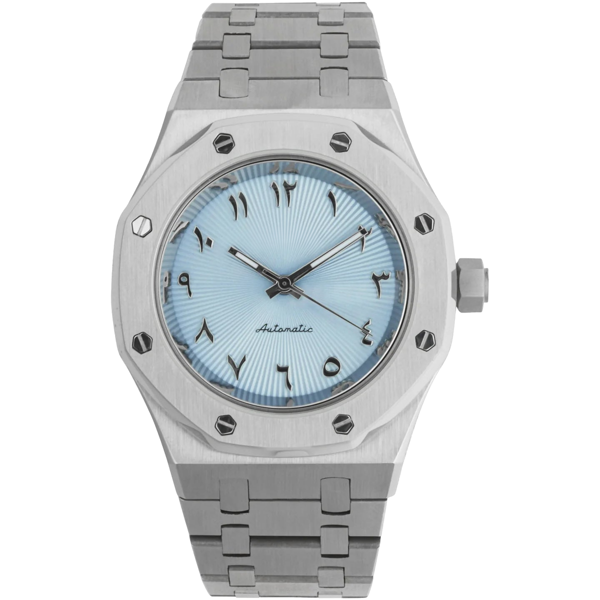Montre Seiko mod SEIKOAK bleu glacier arabic, sur fond blanc — Time2Seiko