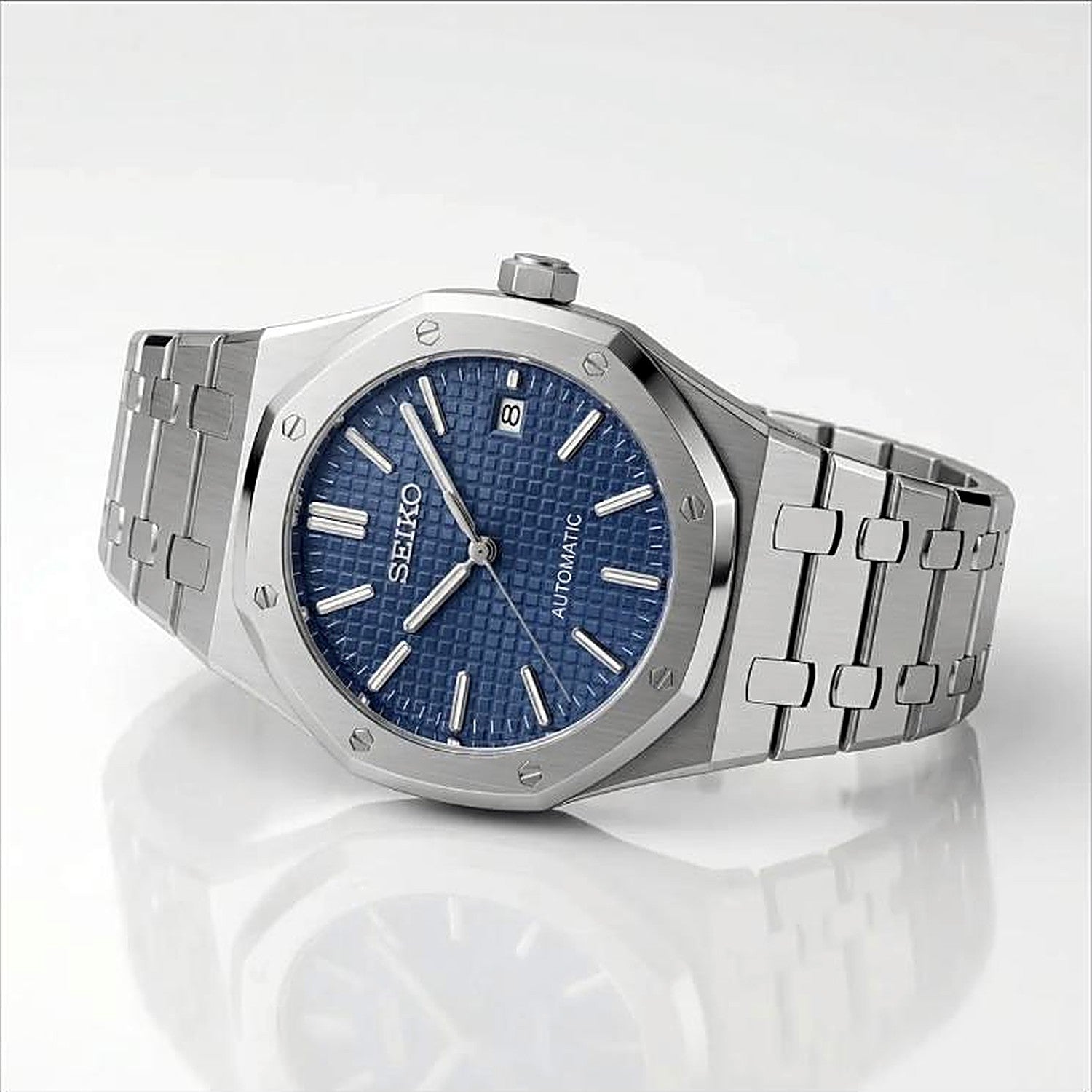 SEIKOAK bleue — vue 3/4 boîtier octogonal cadran tapisserie bleu — Seiko mod SEIKOAK Time2Seiko