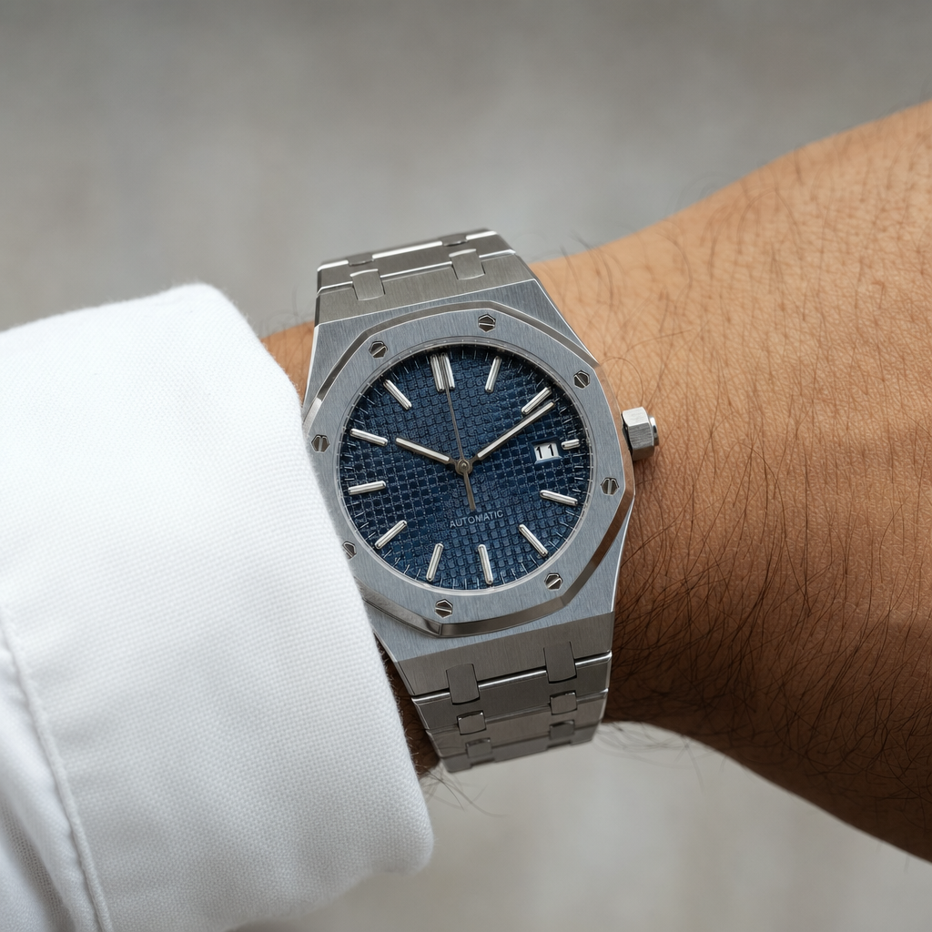 Montre Seiko mod SEIKOAK bleue portée au poignet — Time2Seiko