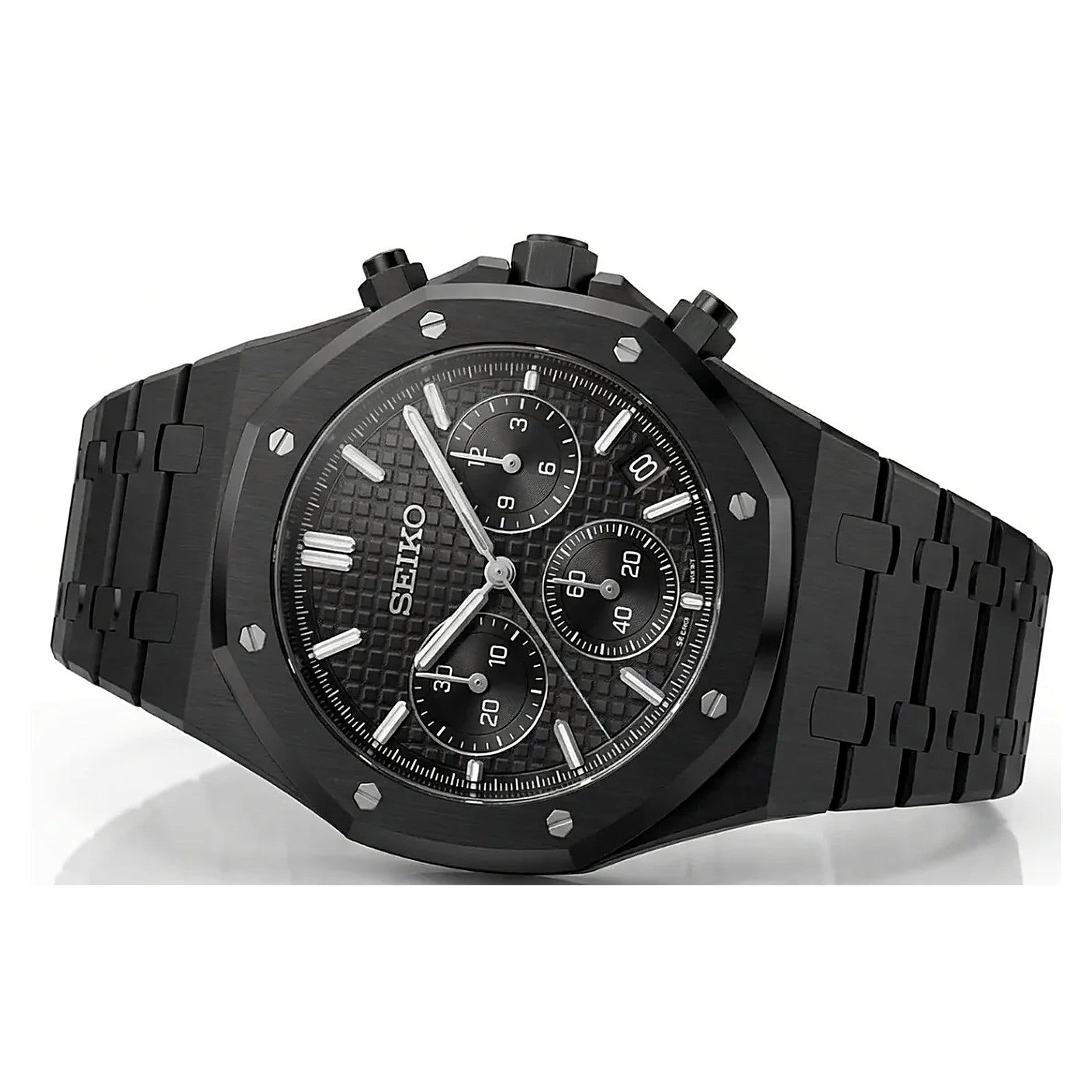SEIKOAK chrono black edition — vue 3/4 chronographe boîtier octogonal full black — Seiko mod SEIKOAK Time2Seiko
