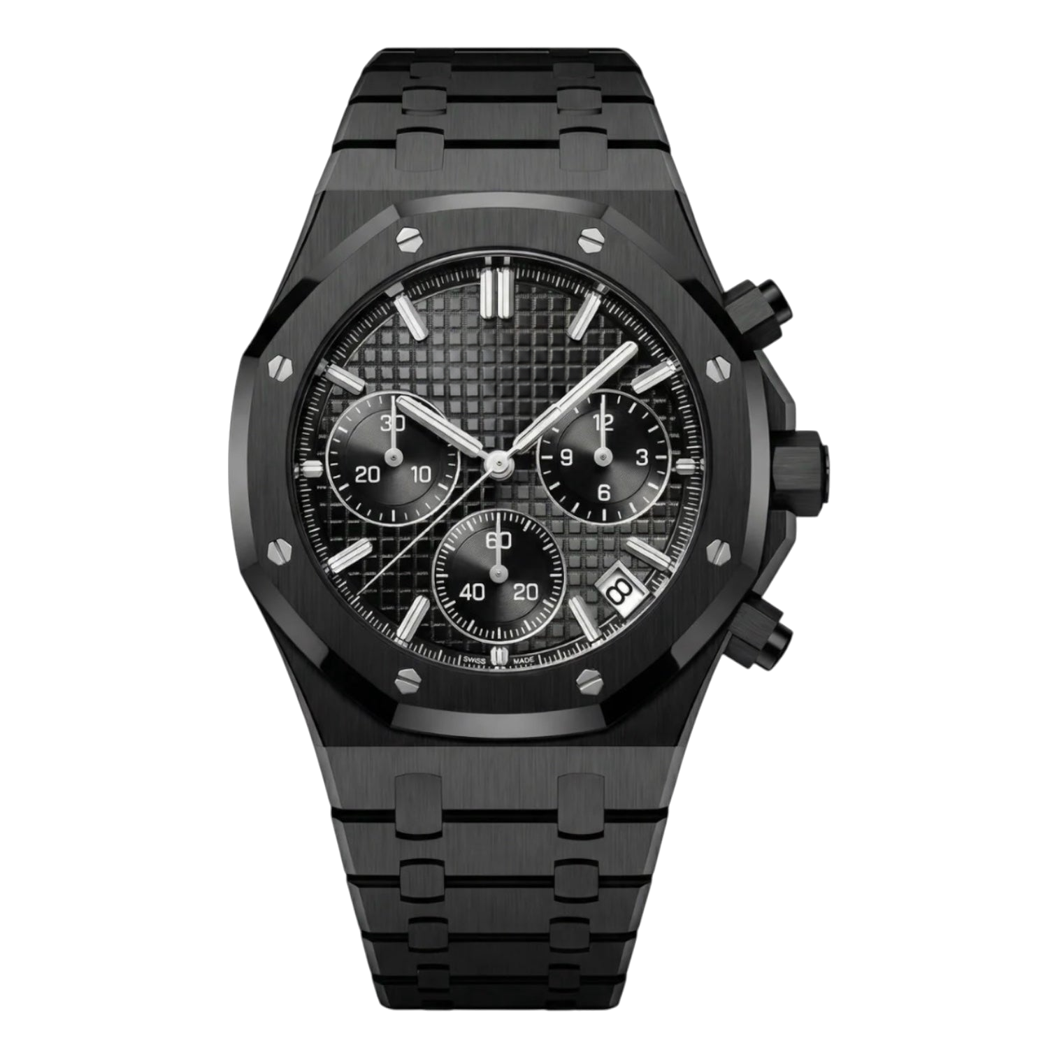 Montre Seiko mod SEIKOAK chrono black edition, sur fond blanc — Time2Seiko
