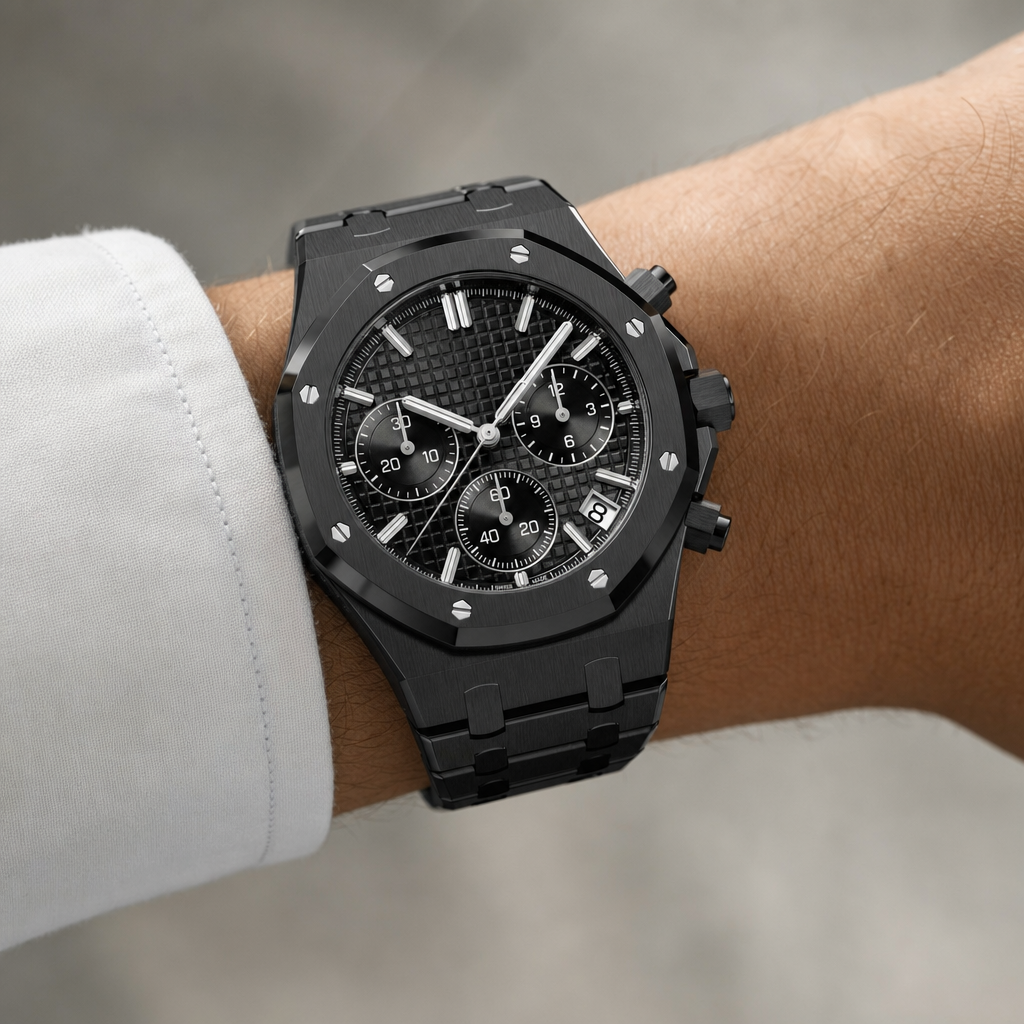 Montre Seiko mod SEIKOAK chrono black edition portée au poignet — Time2Seiko