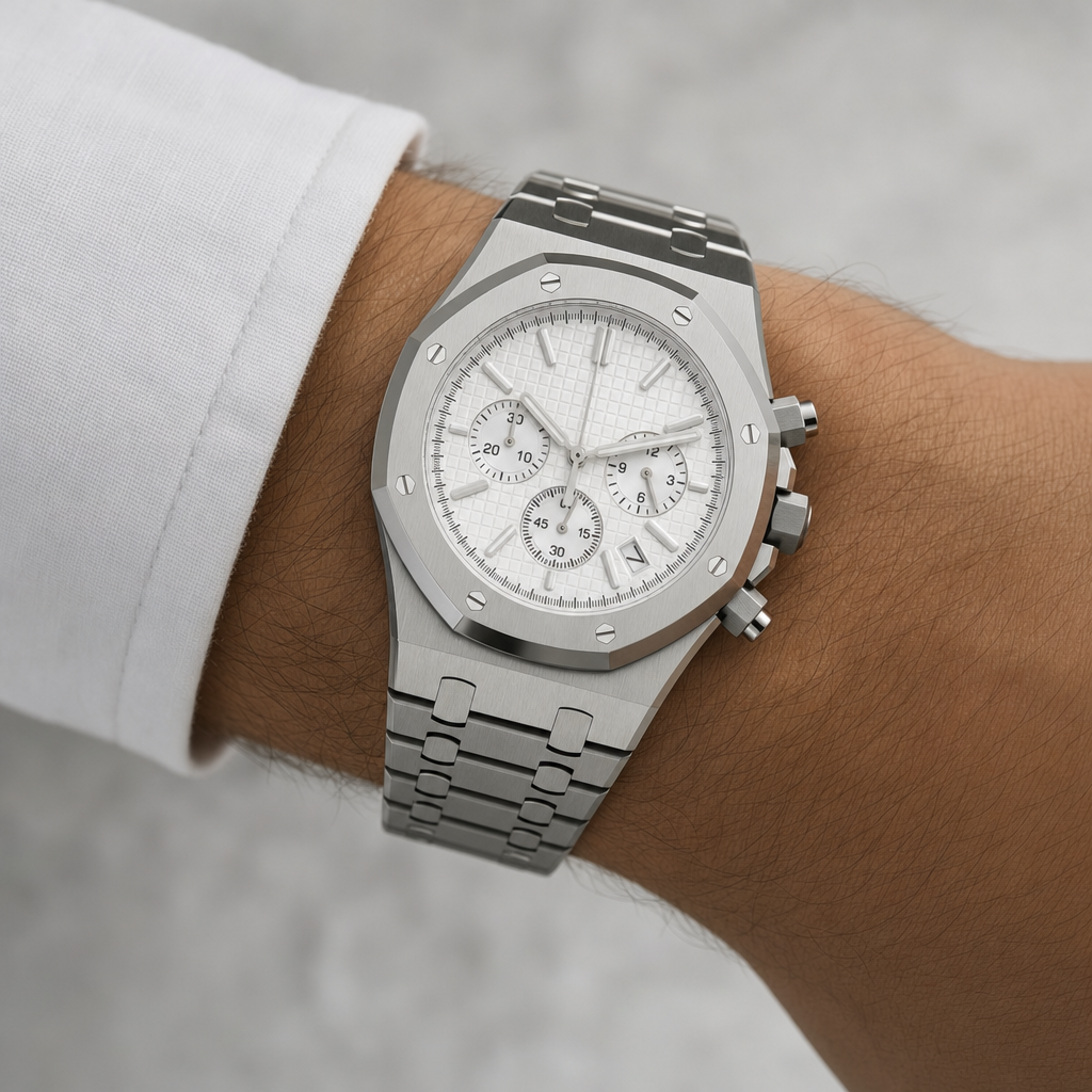 Montre Seiko mod SEIKOAK chronographe argent portée au poignet — Time2Seiko