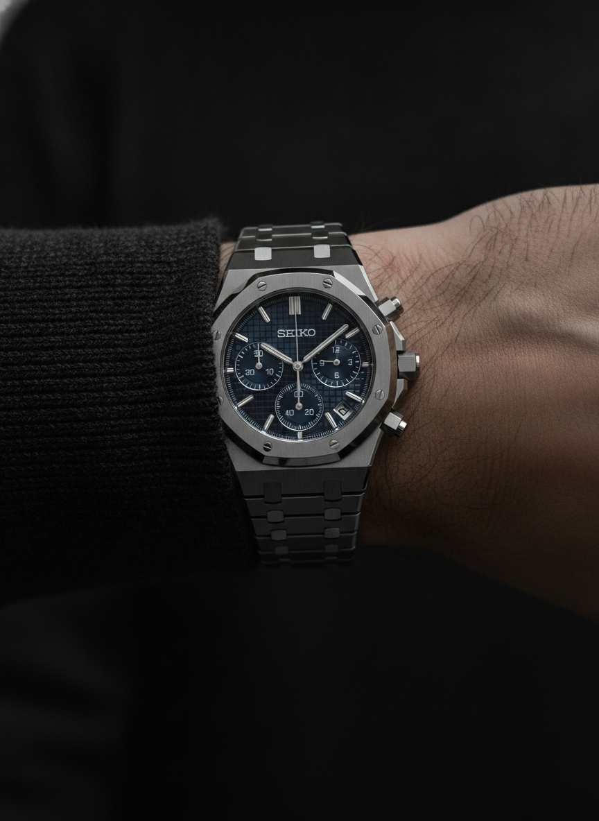 Montre Seiko Mod SEIKOAK chronographe bleue portée au poignet
