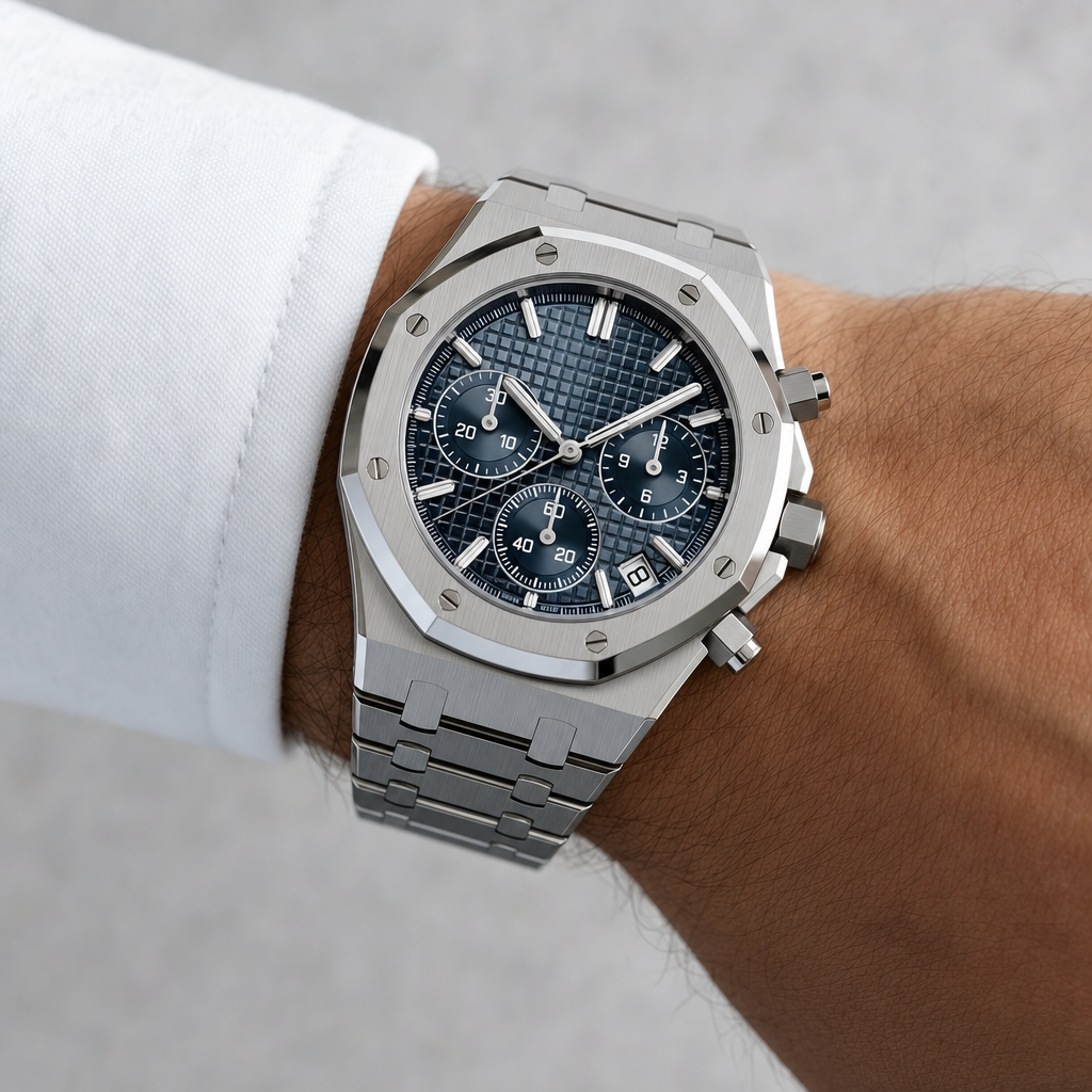 Montre Seiko mod SEIKOAK chronographe bleue portée au poignet — Time2Seiko