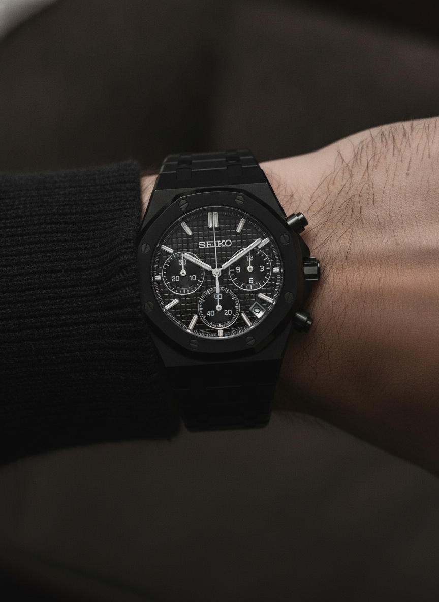 Montre Seiko Mod SEIKOAK chronographe noire portée au poignet