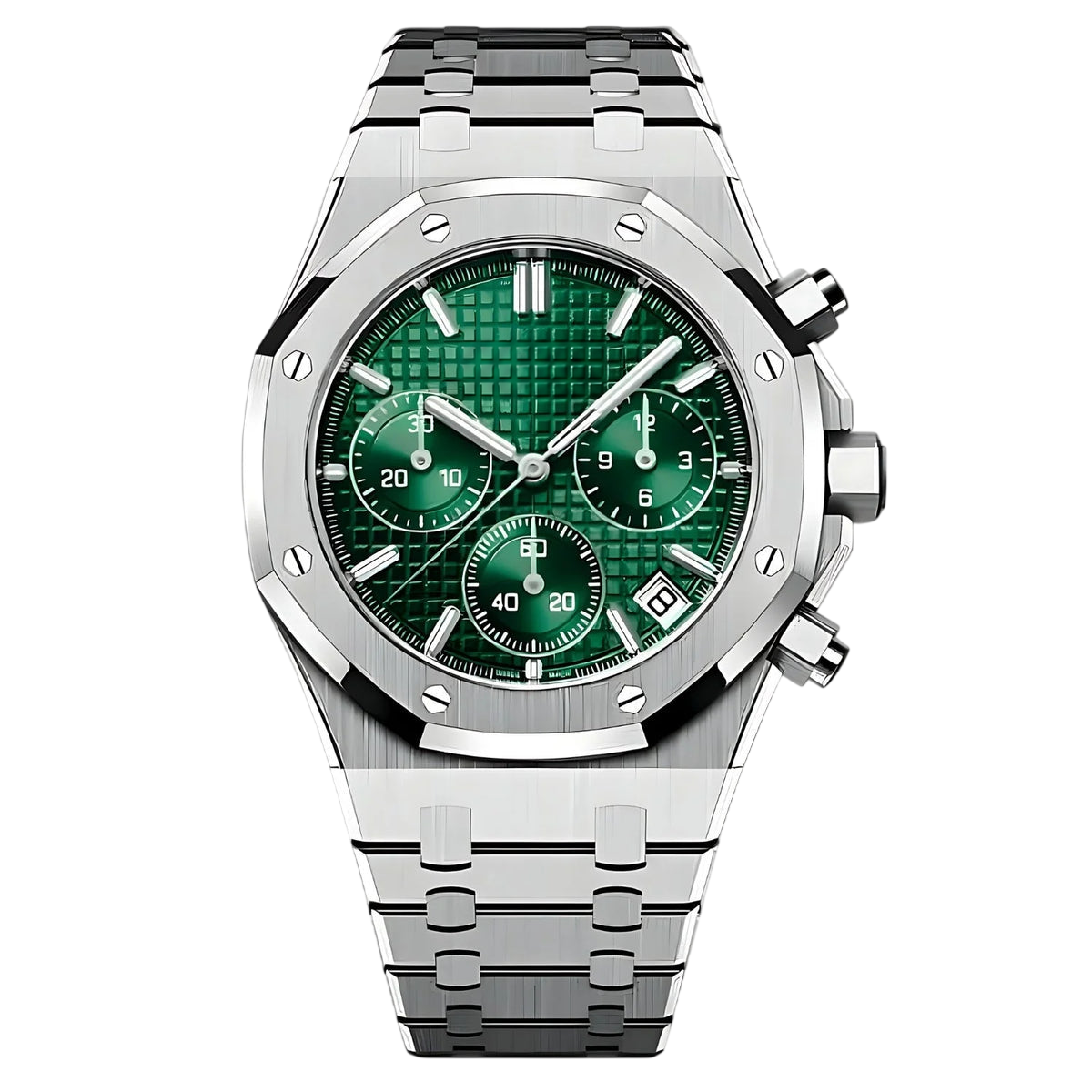 Montre Seiko mod SEIKOAK chronographe verte, vue de face — Time2Seiko