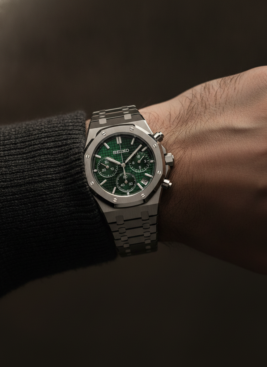 Montre Seiko Mod SEIKOAK chronographe verte portée au poignet