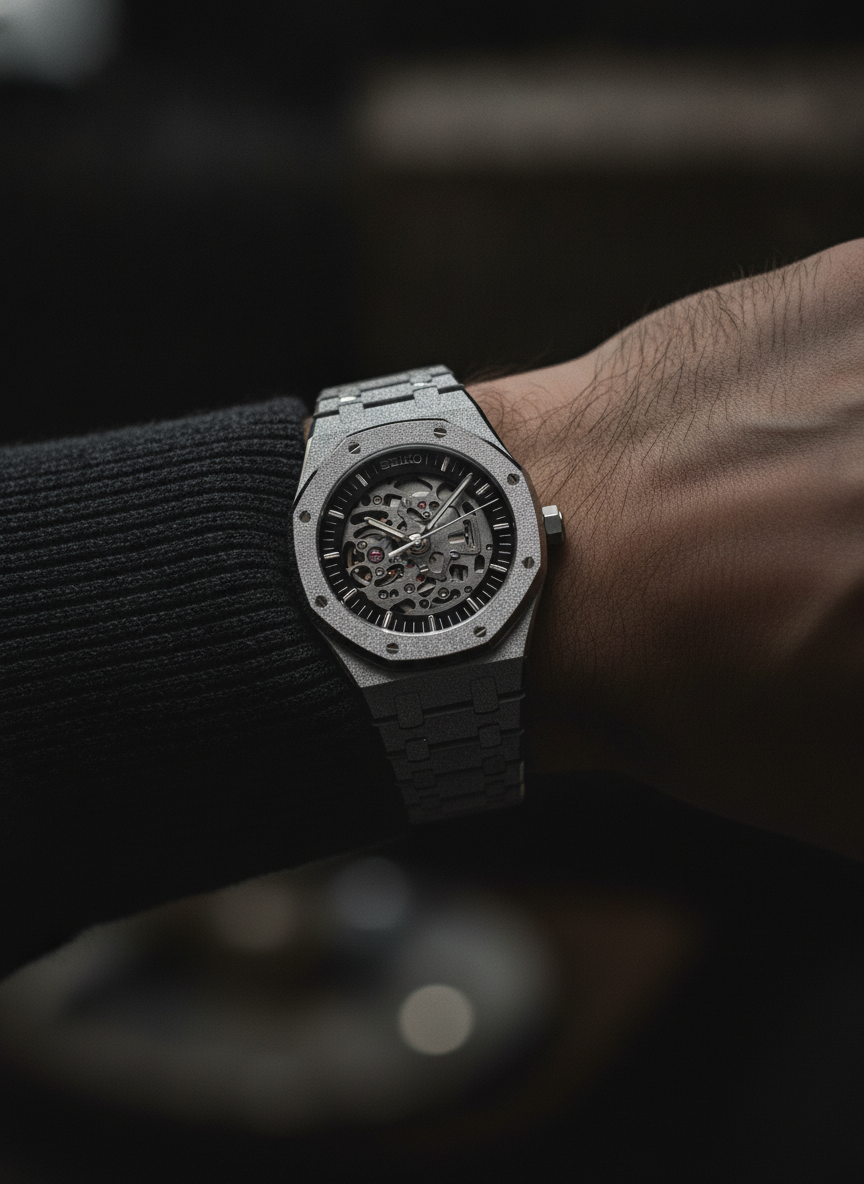 Montre Seiko Mod SEIKOAK frosted squelette portée au poignet