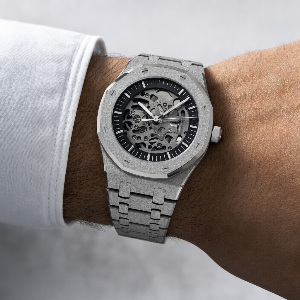 Montre Seiko mod SEIKOAK frosted squelette portée au poignet — Time2Seiko