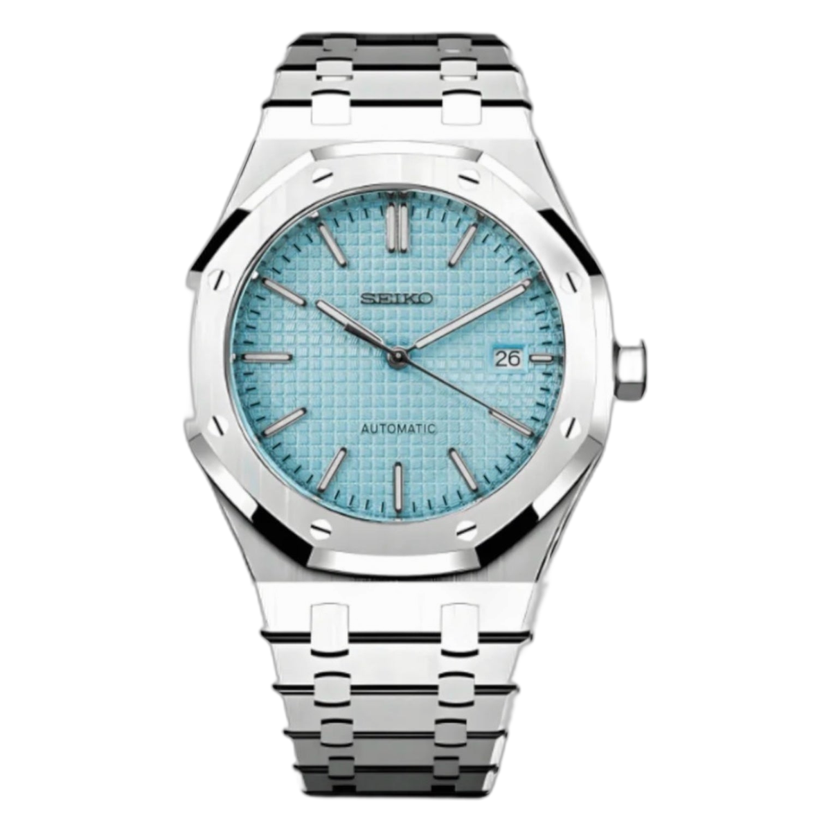 SEIKOAK ice blue — cut-out packshot, ice-blue tapisserie Royal Oak dial — Seiko mod Time2Seiko