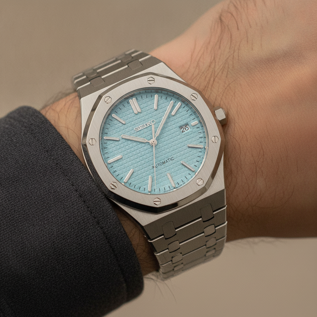 SEIKOAK ice blue — watch worn on the wrist, octagonal case — Time2Seiko