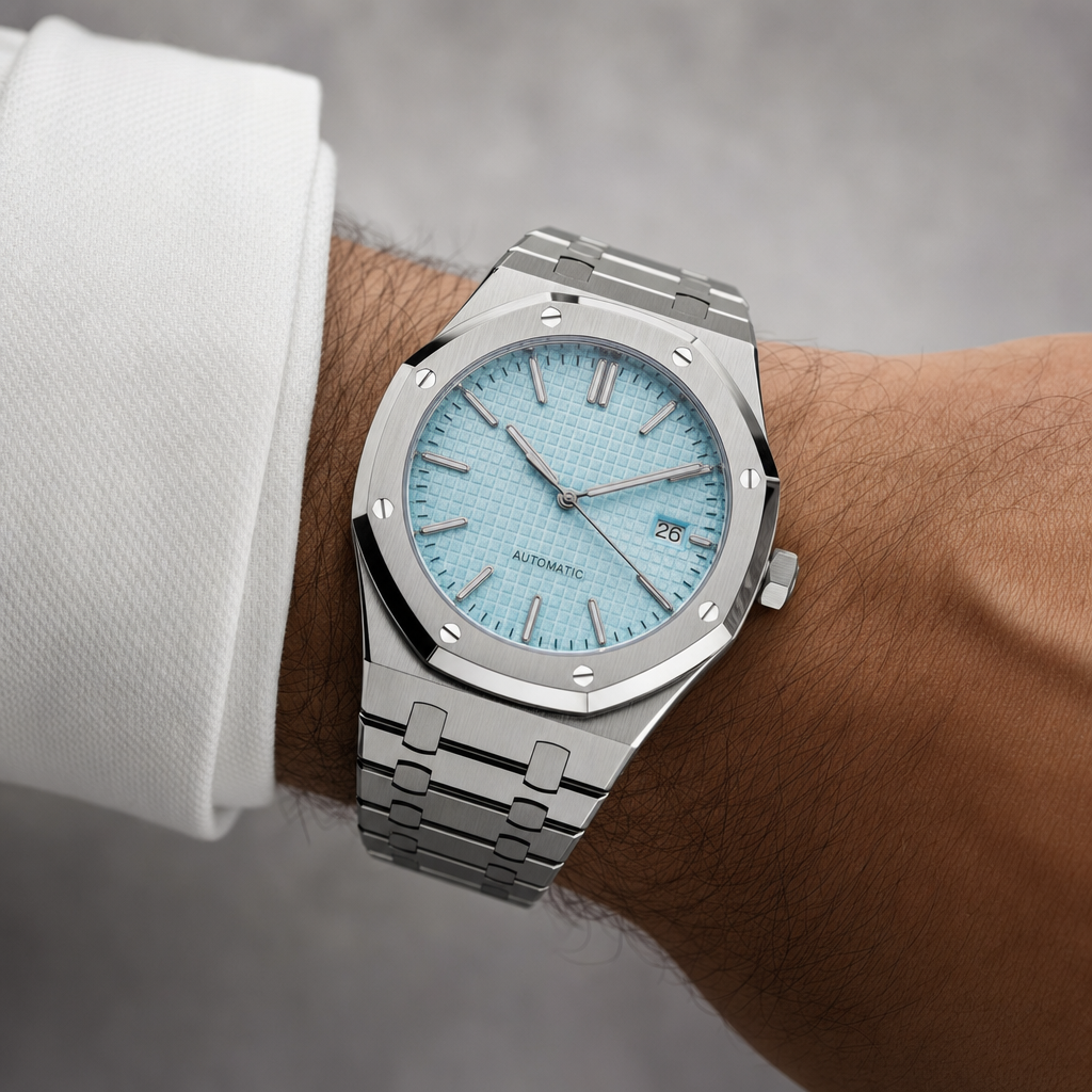 Montre Seiko mod SEIKOAK ice blue portée au poignet — Time2Seiko