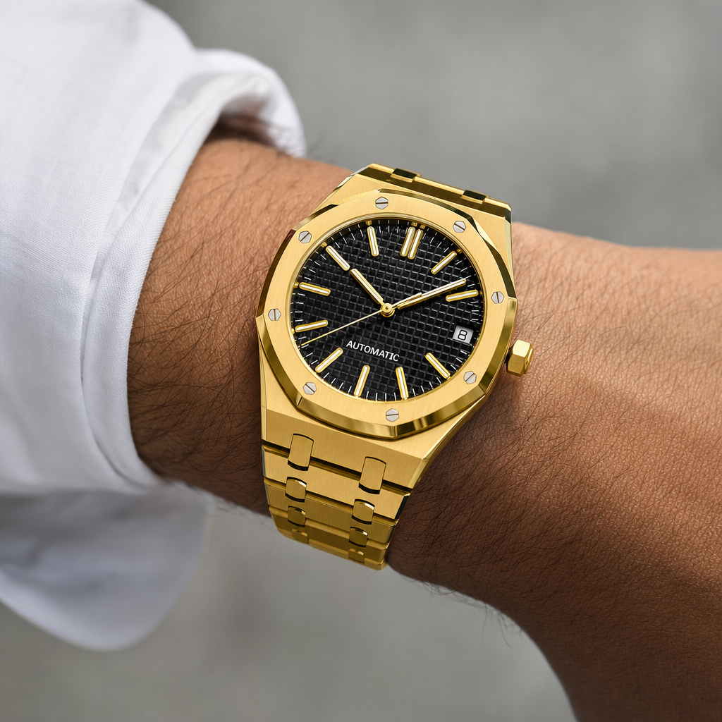 Montre Seiko mod SEIKOAK or noire portée au poignet — Time2Seiko