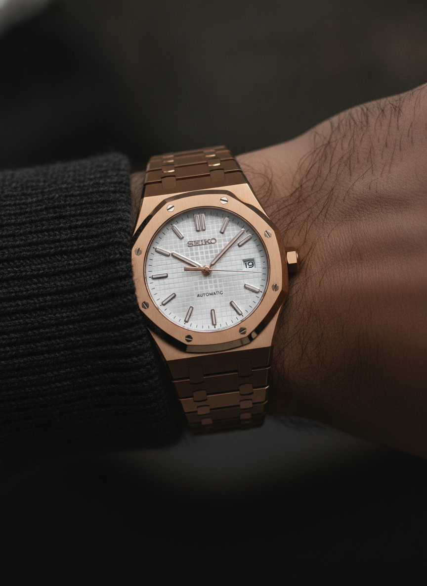 Montre Seiko Mod SEIKOAK or rose portée au poignet