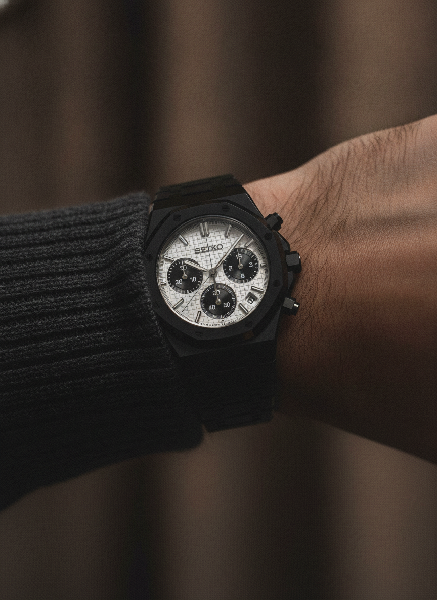 Montre Seiko Mod SEIKOAK Panda portée au poignet